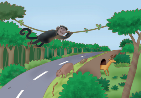 Ilustração de macaco e veado atravessando rodovia por passagens de fauna