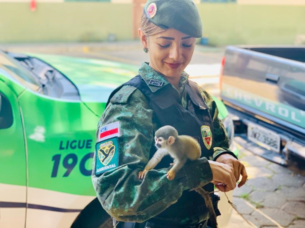 Mulher policial com pequeno macaco em seu braço