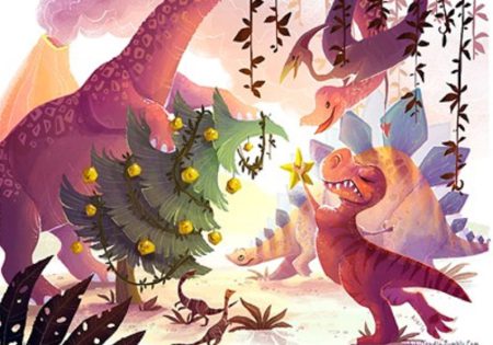 Ilustração de dinossauros arrumando uma árvore de natal