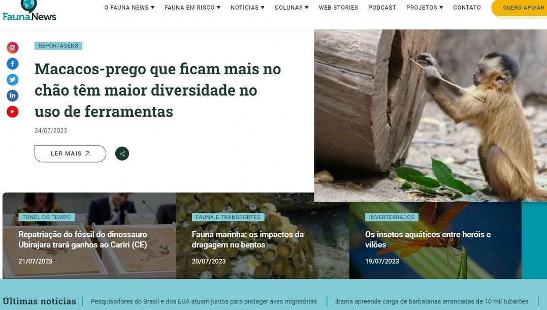 Página inicial do novo portal do Fauna News.